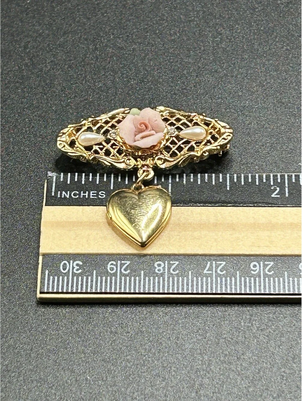 Vintage Jewelery Brand 1928 Porcelain Flower Faux Pearl Pin Brooch w/Locket  70s